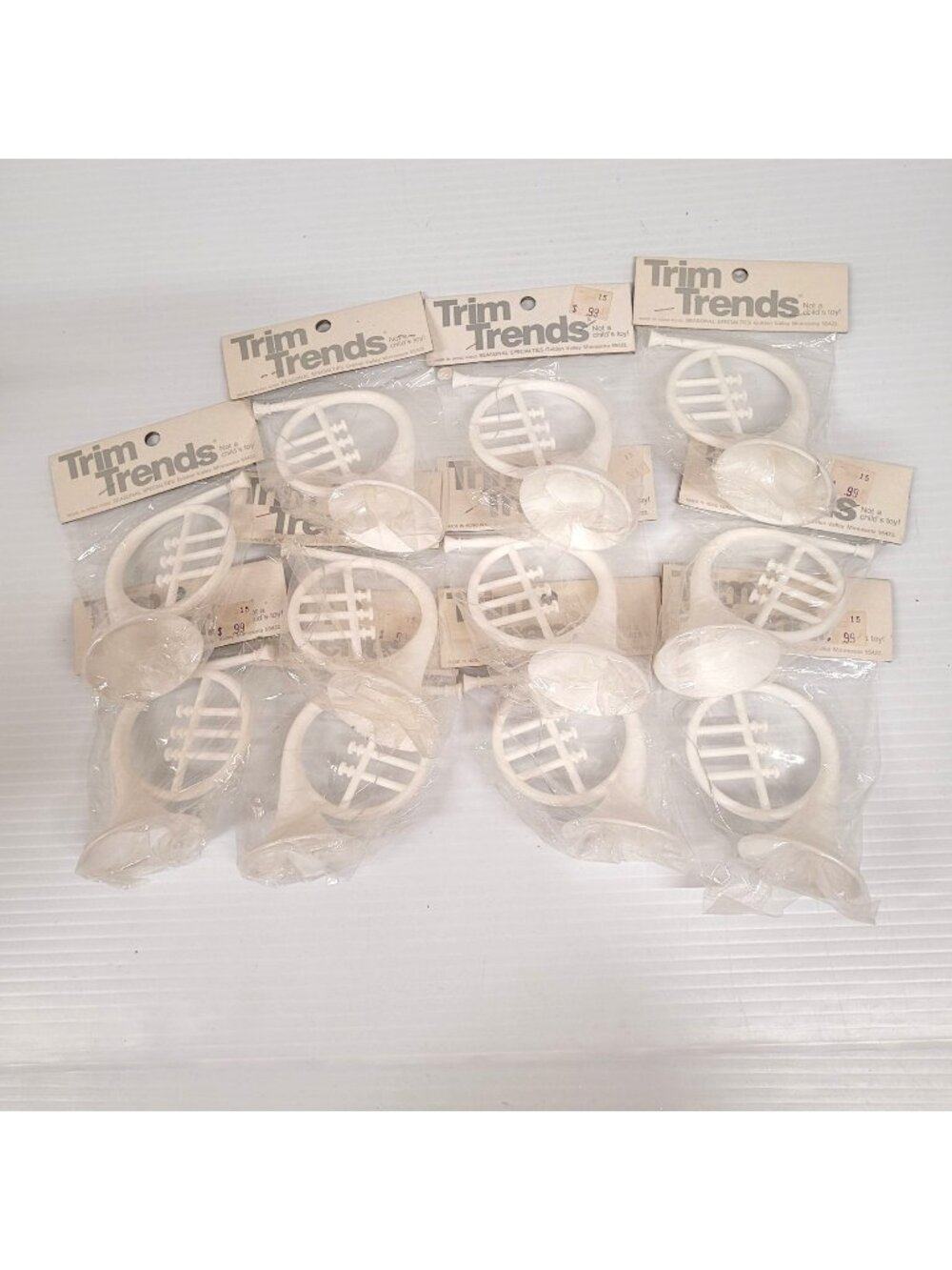 Trim Trends Lot 11 White Plastic French Horn Ornaments New Old Stock Sealed